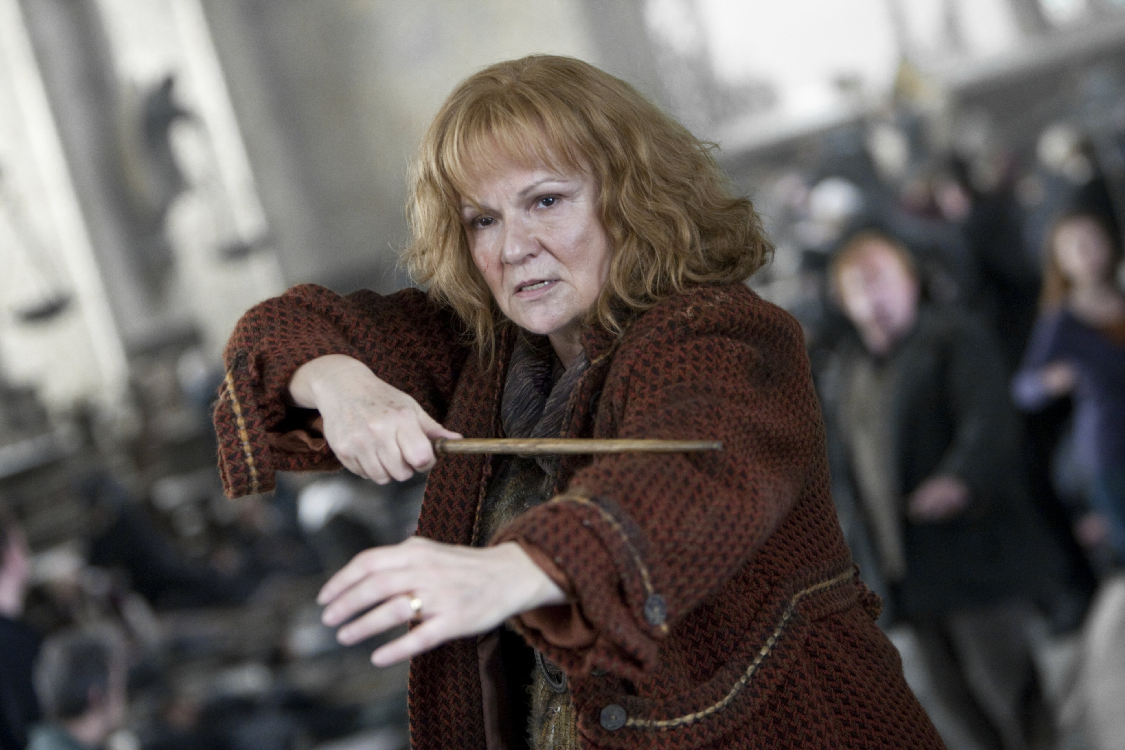 Molly Weasley brandishes her wand, ready to battle Bellatrix Lestrange.