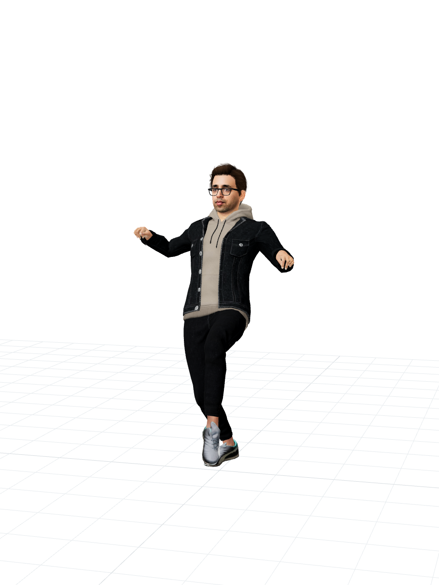 3D avatar of Saif walking on a pale ground grid