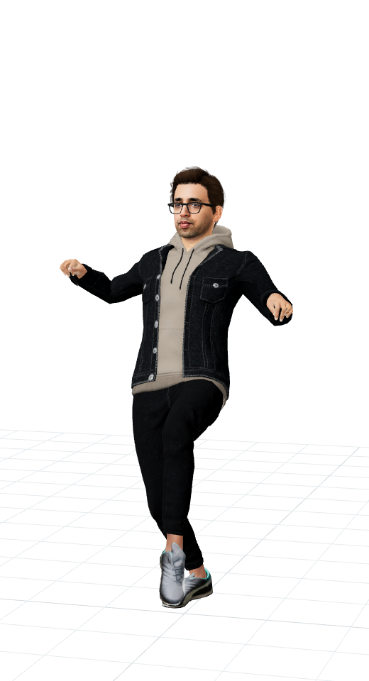 3D avatar of Saif walking on a pale ground grid