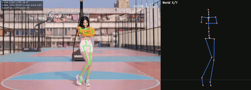 Single-person dancing demo (front-view, 2D + 3D)